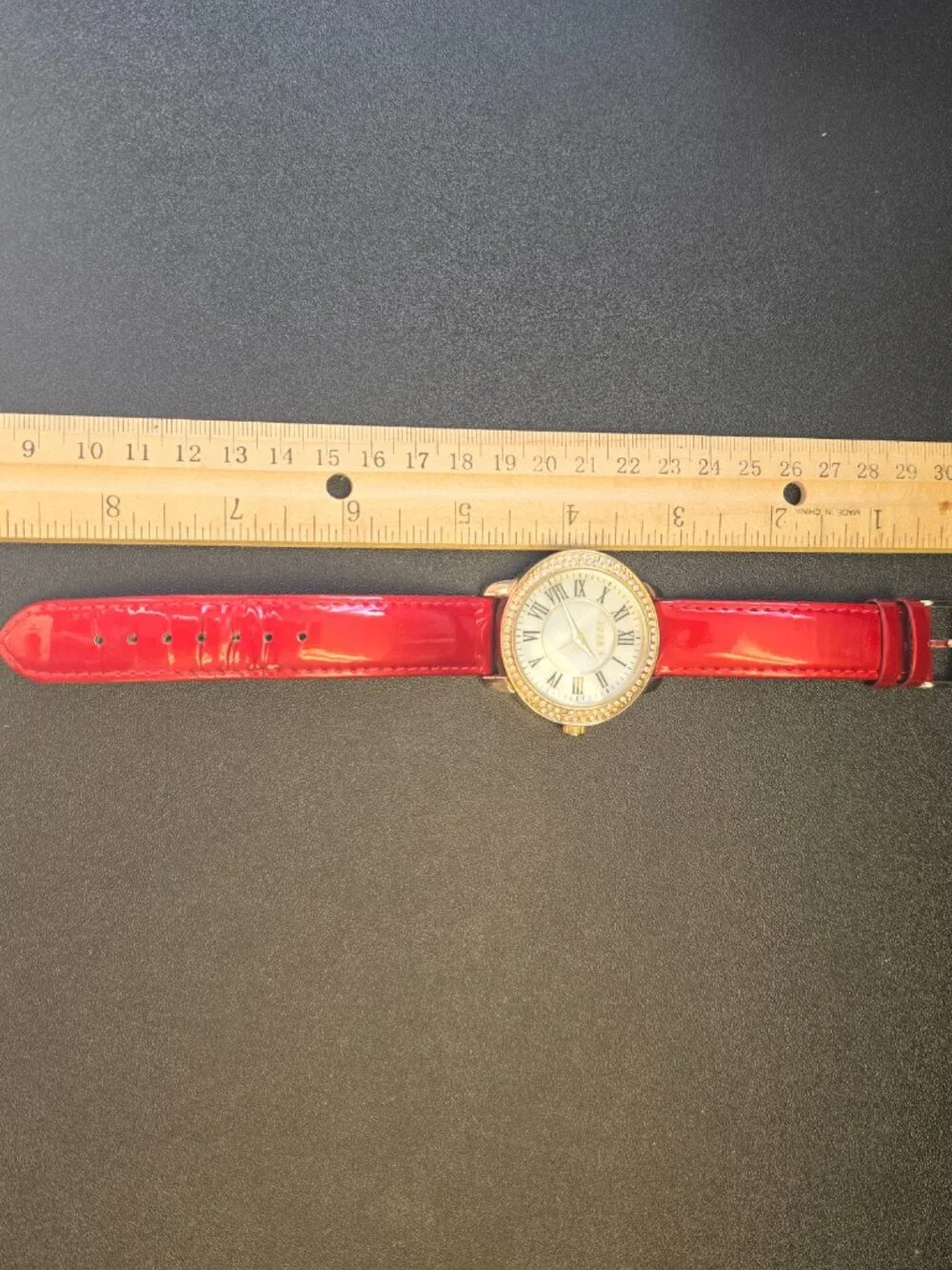 Red Patten Leather Wrist Watch with Roman Numerals